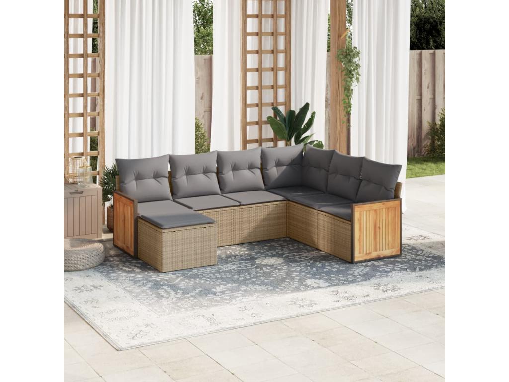 7-piece garden furniture set with cushions, beige wicker resin, 35852JNYY