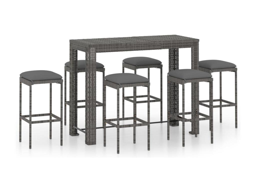 7-piece garden bar set and cushions, Grey Wicker Resin 80414DXUU