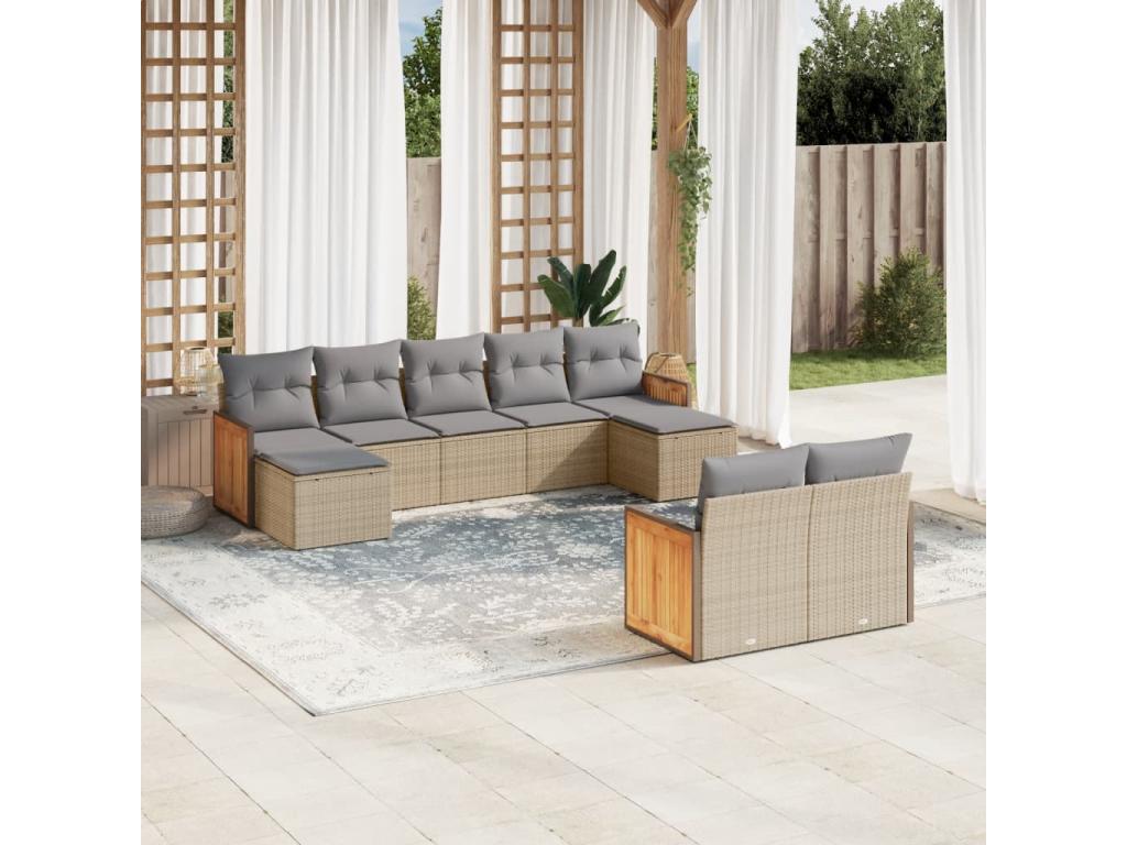 9-piece garden furniture set with cushions, beige woven resin, 54821VFJI
