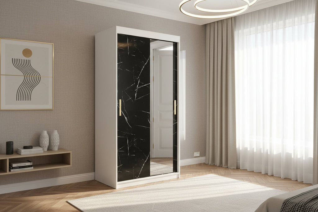 Nidchicshop 258 Matte White Wardrobe - Black Marble 200x100x62cm Sliding Wardrobe Doors 48297JMIS