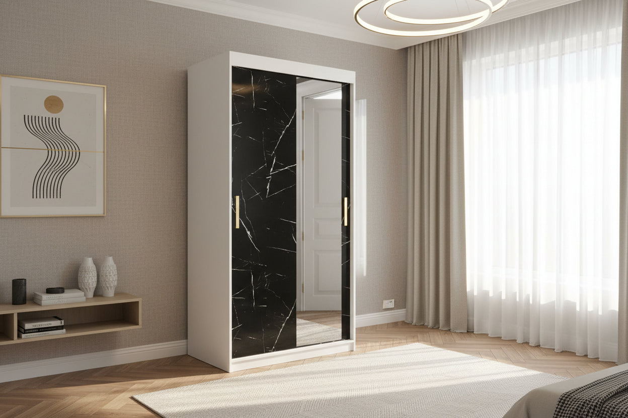 Nidchicshop 258 Matte White Wardrobe - Black Marble 200x100x62cm Sliding Wardrobe Doors 48297JMIS