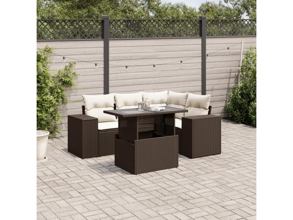 5-piece garden furniture set with cushions, brown woven resin, 87820VDLP