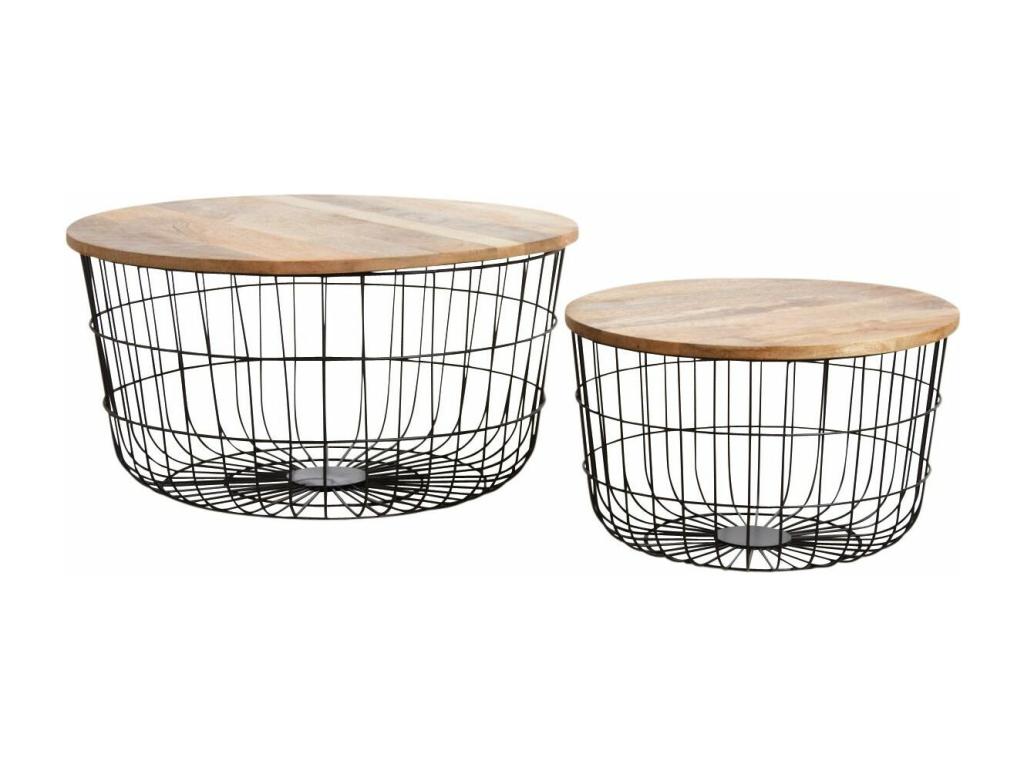 Coffee tables in black metal and natural wood, set of 2, 45408HTPX