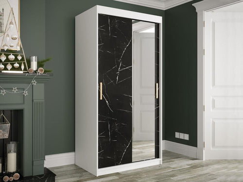 Nidchicshop 258 Matte White Wardrobe - Black Marble 200x100x62cm Sliding Wardrobe Doors 48297JMIS