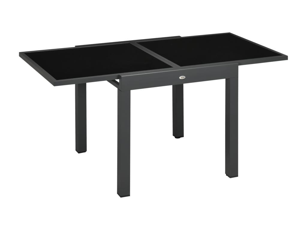 Large extendable garden table, dimensions when unfolded: 160L x 80W x 75H cm, anthracite epoxy-coated aluminum frame, black tempered glass top, 88892FVQP