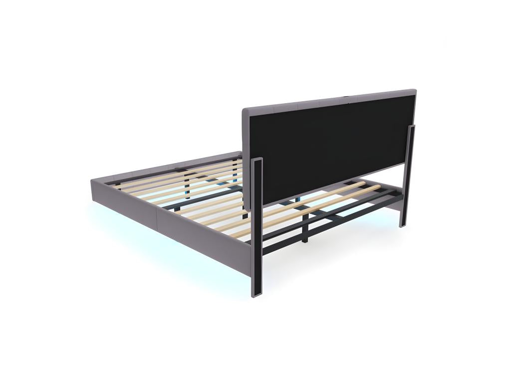 Adult bed 160x200cm - floating bed with LED and 2 USB ports, Calmetop slatted base - linen fabric - Grey 20677DTZX