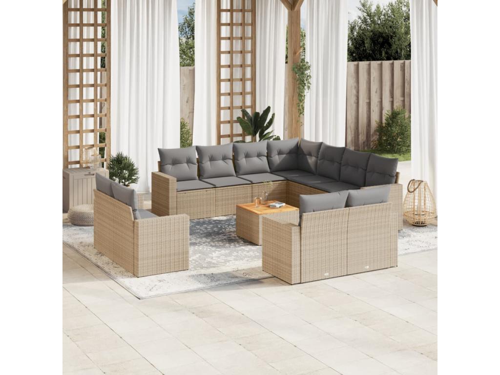 12-piece garden furniture set with cushions, beige wicker resin, 98646DDWJ