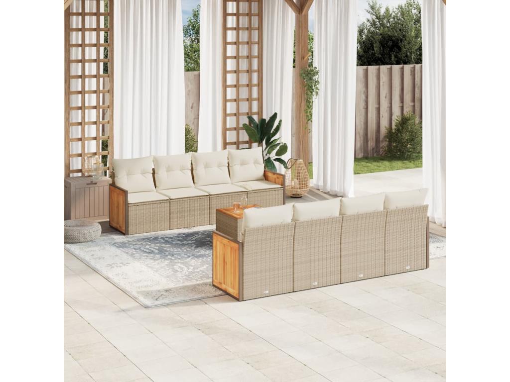 9-piece garden furniture set with cushions, beige wicker resin, 94220QZHM