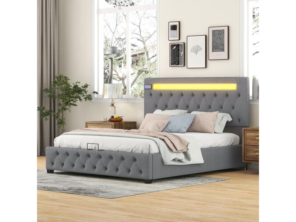 Upholstered Double Bed 140x200cm with USB Charging Port - Bluetooth Player and LED Lighting - Storage Space - Adjustable Headboard - Grey 25324SWQO