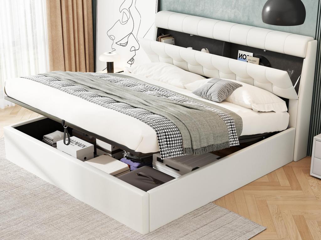 Storage bed 180x200 cm - in faux leather - headboard with storage - White 21997HSOS