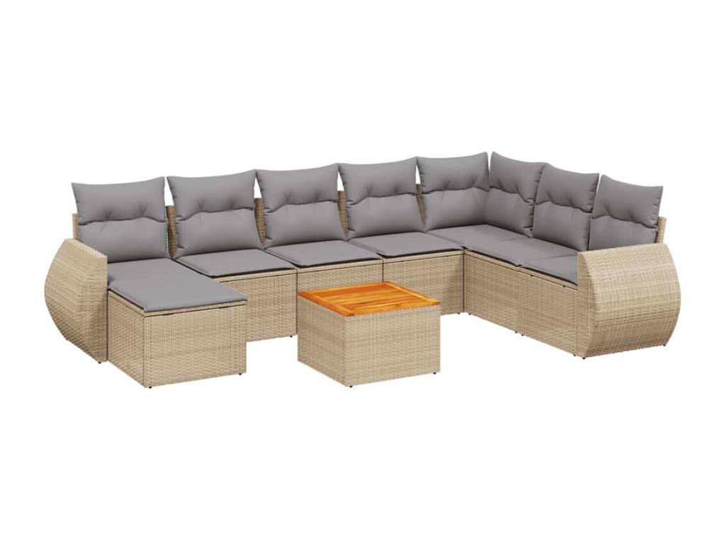 9-piece garden furniture set with cushions, beige woven resin 05873VTQK
