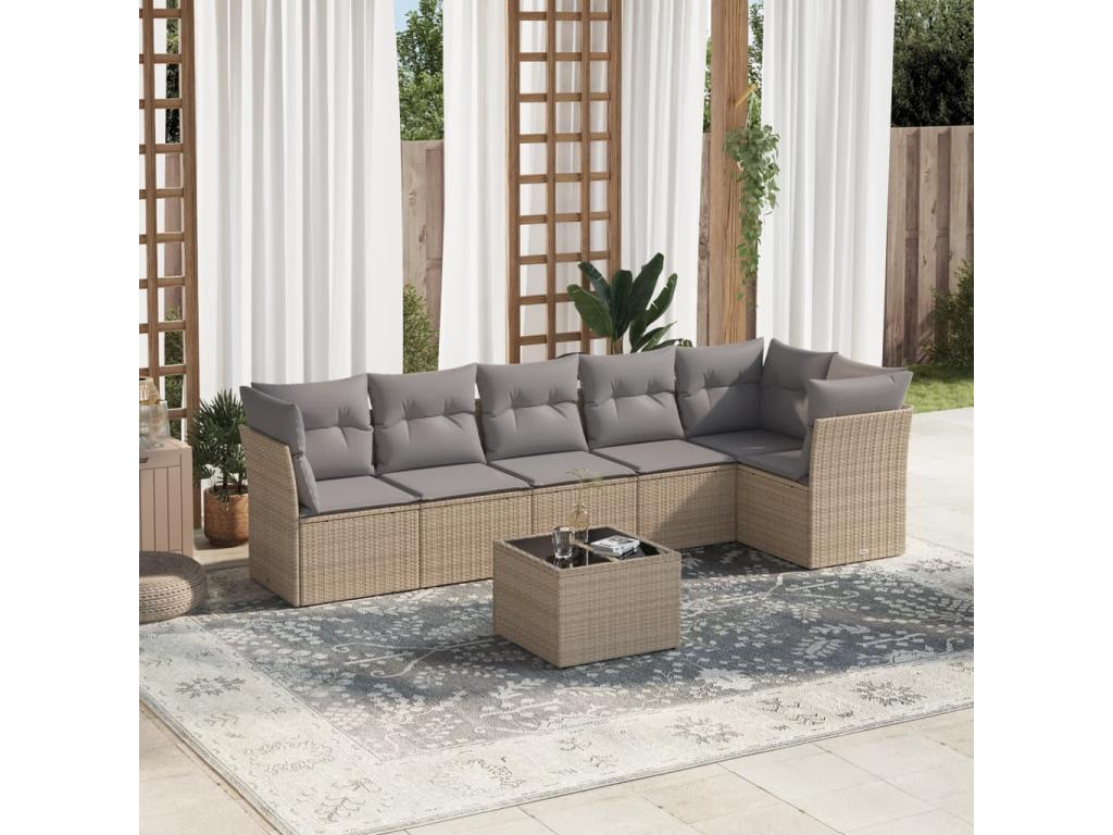 7-piece garden furniture set with cushions, beige woven resin, 23130MWEL