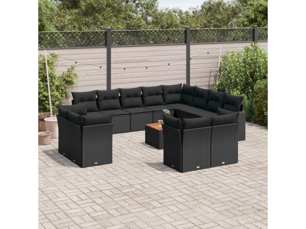 13-piece garden furniture set with cushions, black wicker resin, 43652BXAT