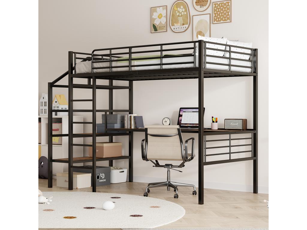 90x200 cm loft bed with desk and storage steps - Metal and MDF - Black (mattress not included) 99671DWDW