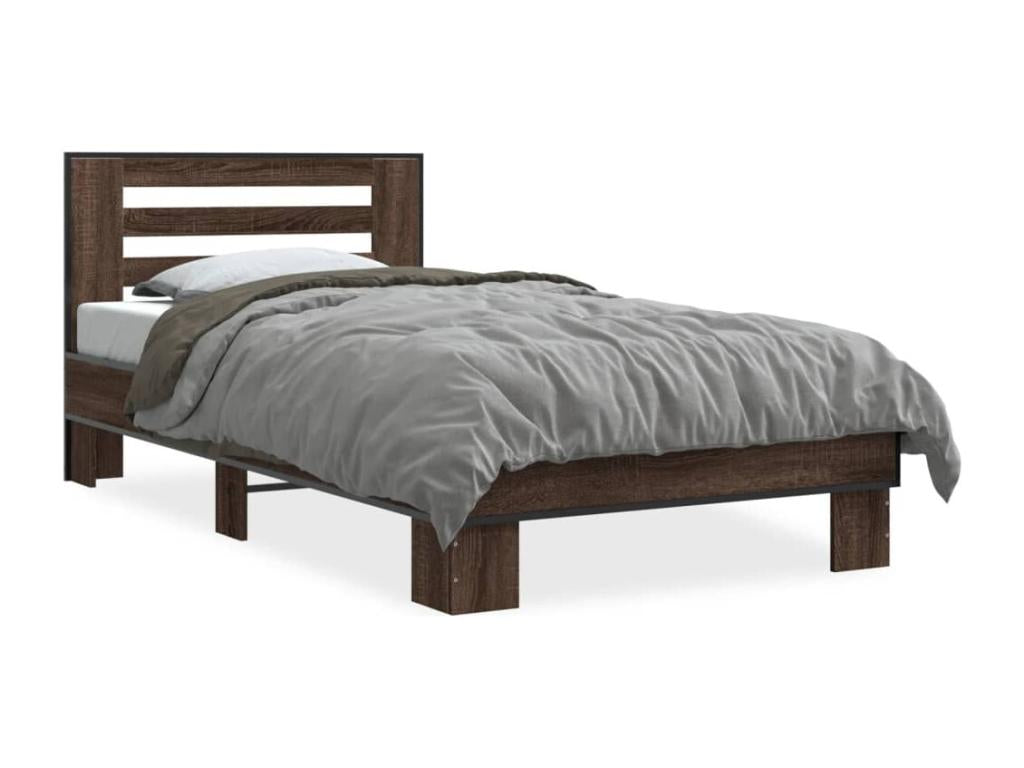 Brown oak bed frame 75x190 engineered wood and metal 32930WMYA
