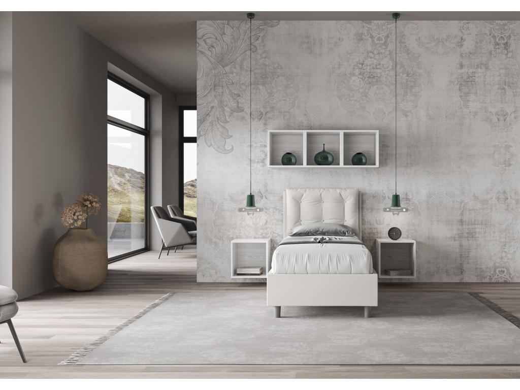 Designer bed 80x190 with quilted headboard cushion in white faux leather Nidchicshop- 04181FXAO