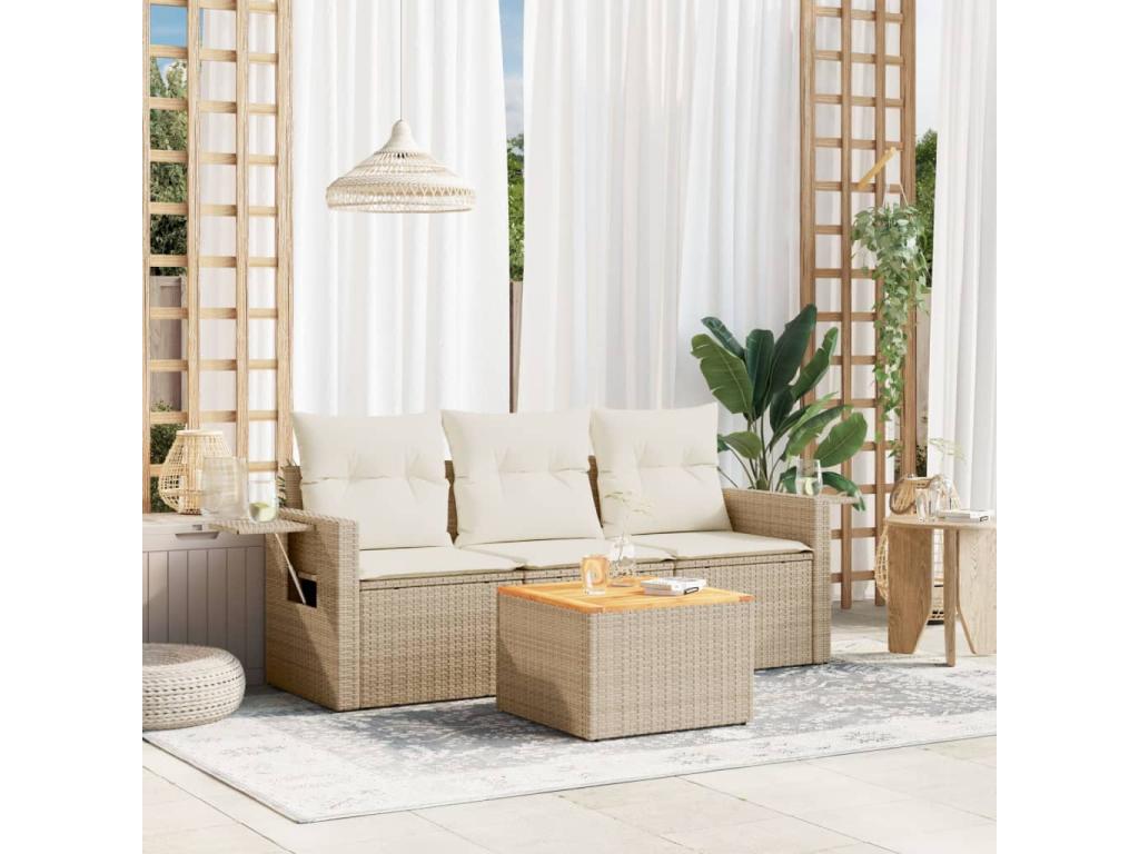 4-piece garden furniture set with cushions, beige woven resin, 04269TCOK