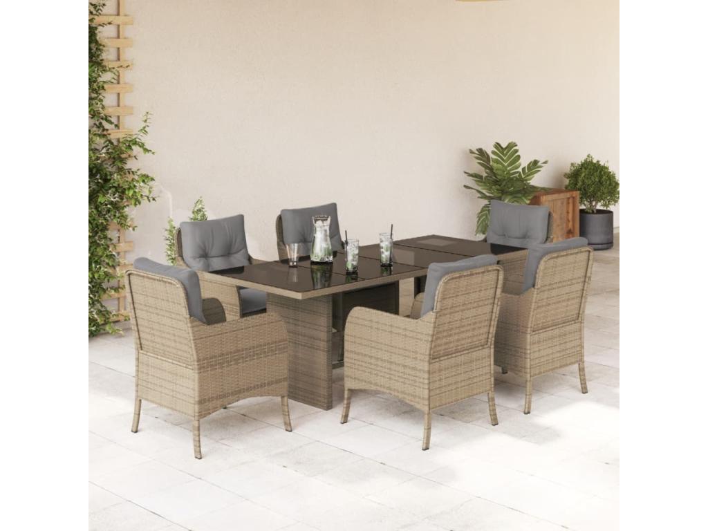 7-piece beige poly rattan garden dining set and cushions 57286QWGO