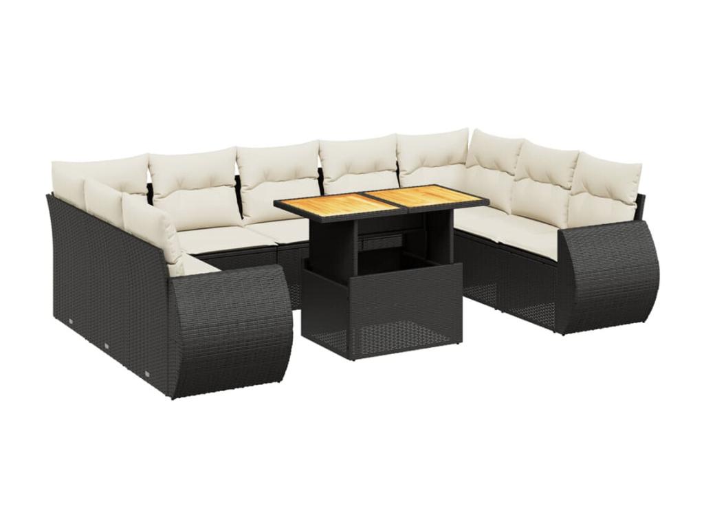 10-piece garden furniture set with cushions, black woven resin, 26254IGZP