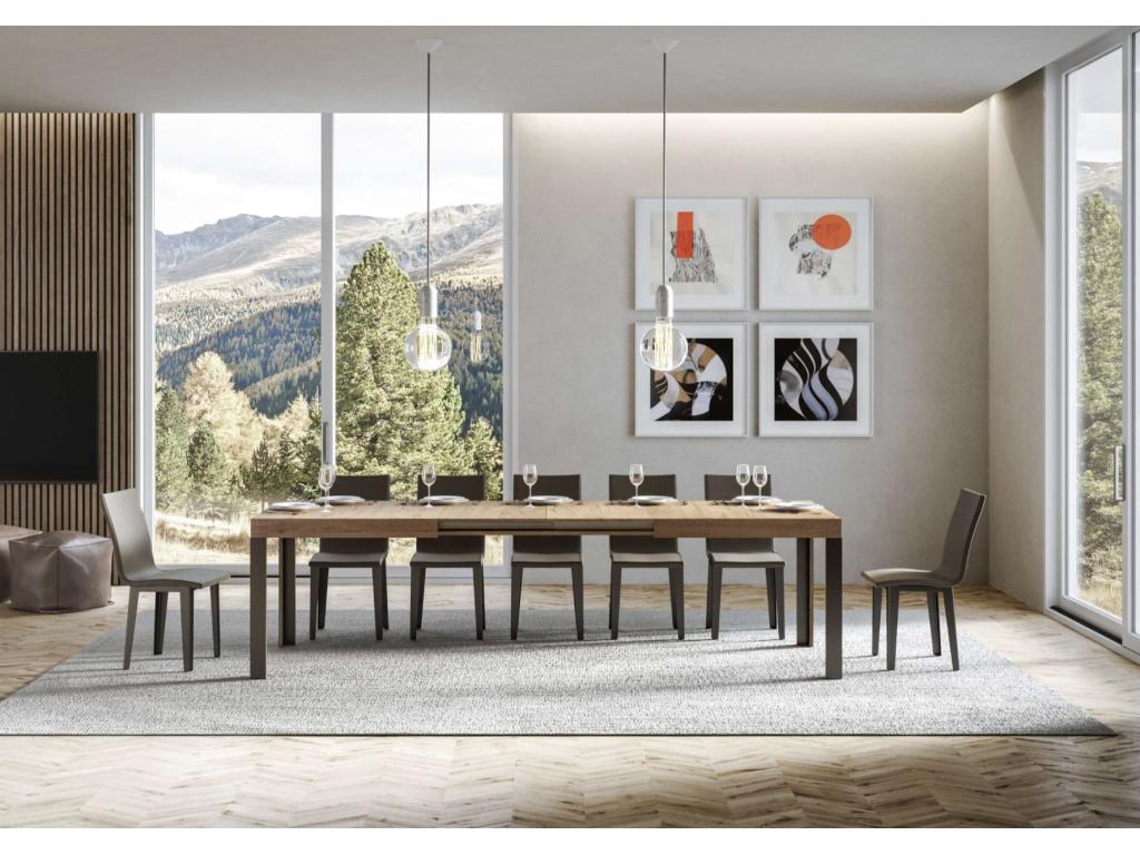 Extendable wooden table with 4 wooden and steel legs, anthracite, Nidchicshop - Natural color - 4-leg support - Extendable width 160 to 264cm 50061QUYN