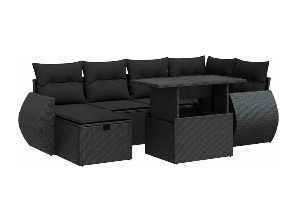 7-piece garden furniture set with cushions, black woven resin, 45257IRSL