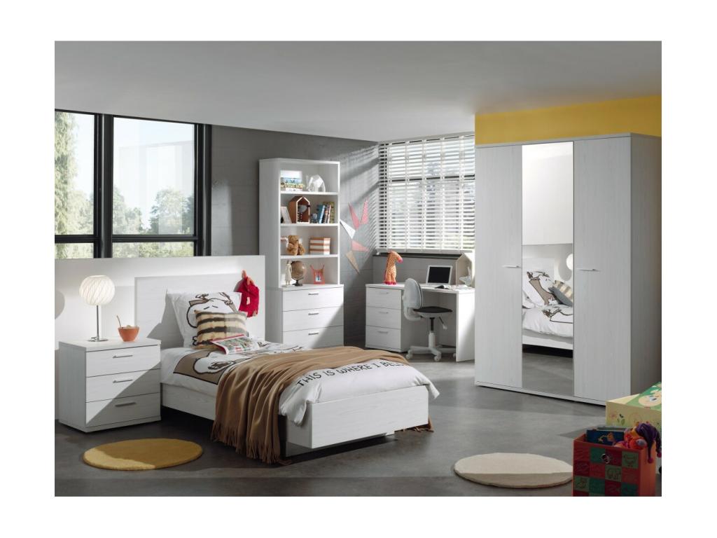 Sturdy children's/teen bedroom set from the Calmetop collection: bed, wardrobe, desk, chest of drawers and bedside table in white with a wood effect (92650GWWK)