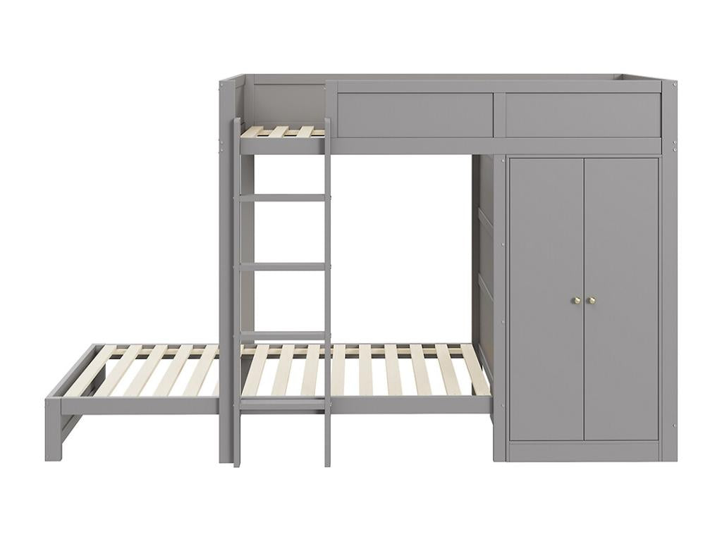 Children's bunk bed 90x200 cm with vertical safety steps, high fence design wardrobe, grey 65268FNOQ