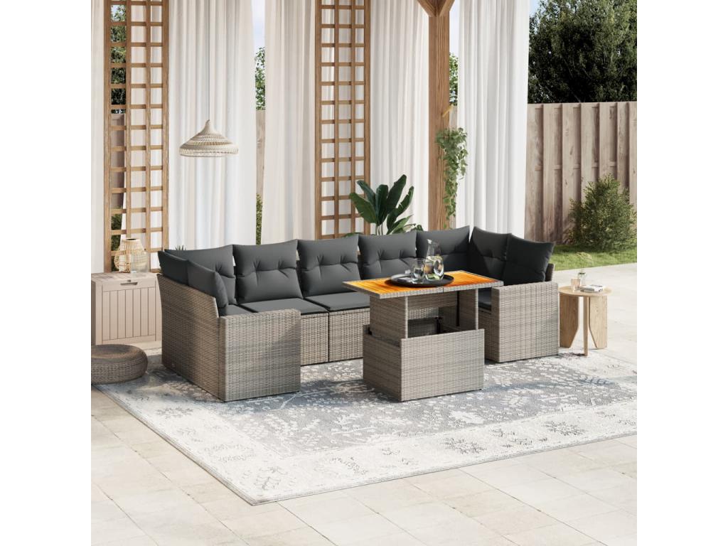 8-piece garden furniture set with grey resin wicker cushions 30938ICYW