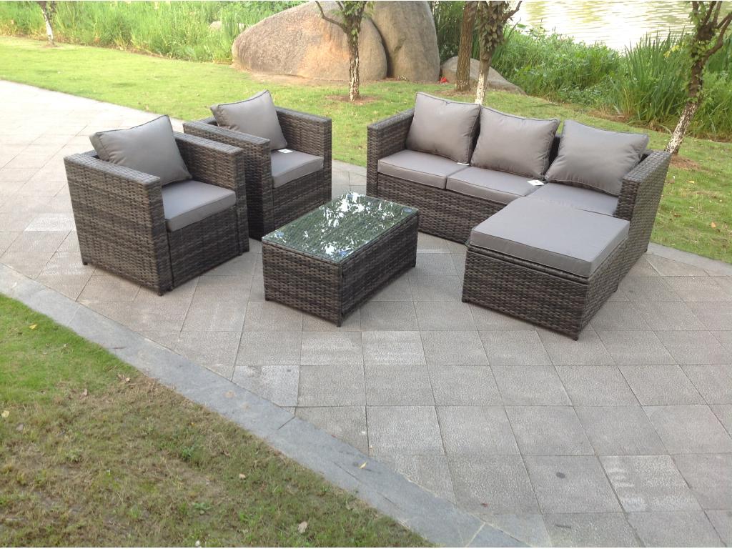 6-seater rattan garden furniture set with sofa, coffee table, stools, and 2 chairs. MéNidchicshop dark grey 46496NQVK