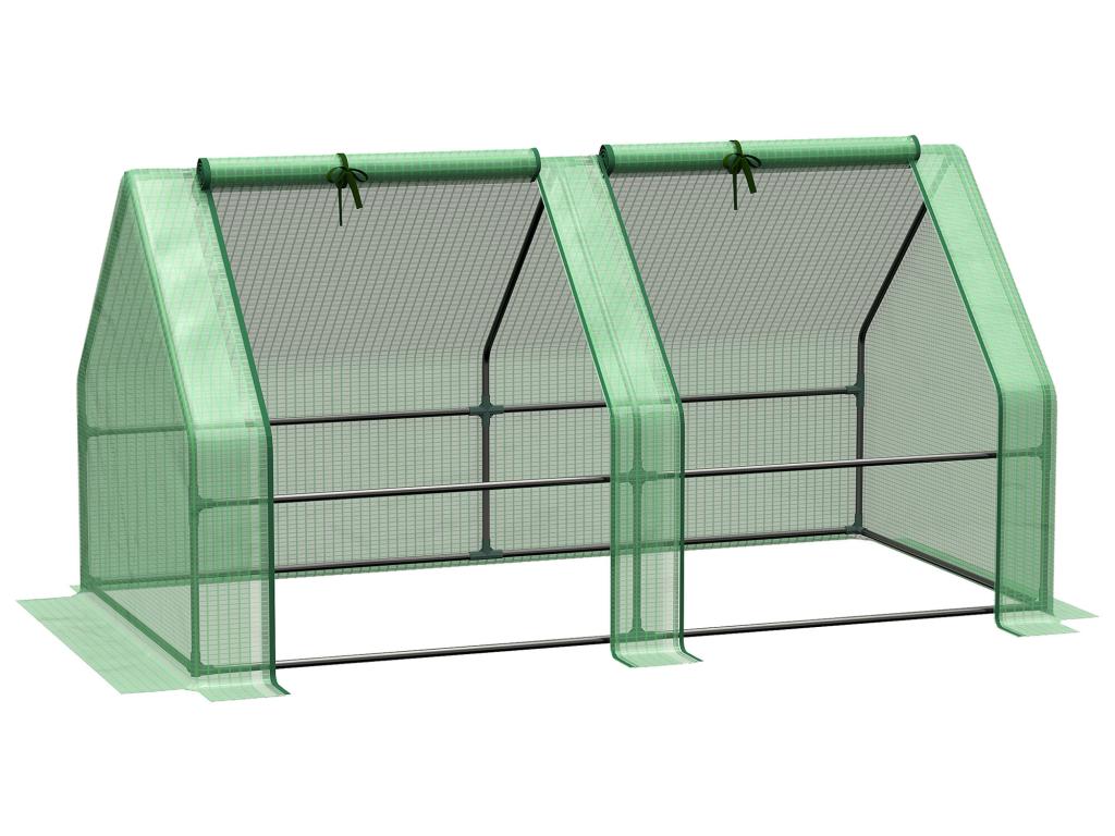 Mini garden greenhouse/tomato greenhouse, dimensions: 180L x 90W x 90H cm, steel, high-density PE 140 g/m², UV-resistant, 2 roll-up zippered windows, green, 40313QXXO