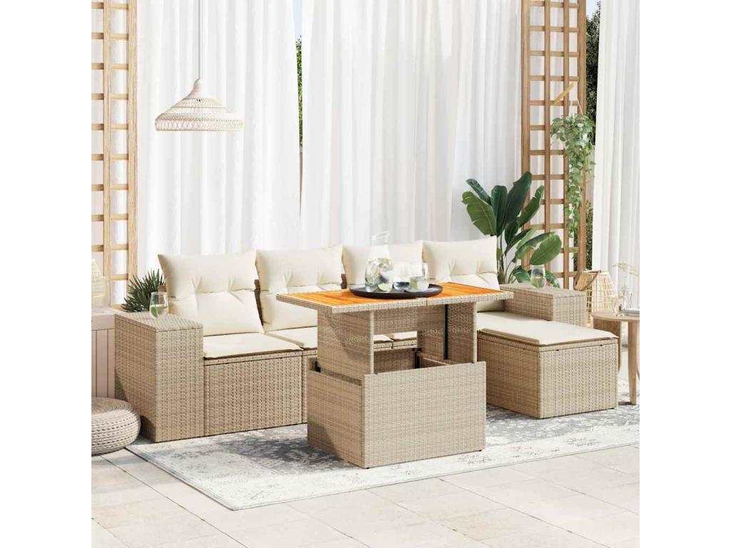 6-piece garden furniture set with cushions, beige wicker resin, 98221MUZW