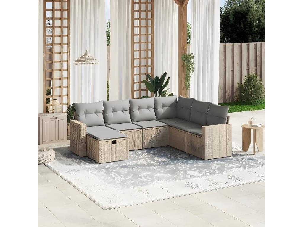 Nidchicshop 7-piece garden furniture set with cushions, beige wicker resin, 55088WPEY