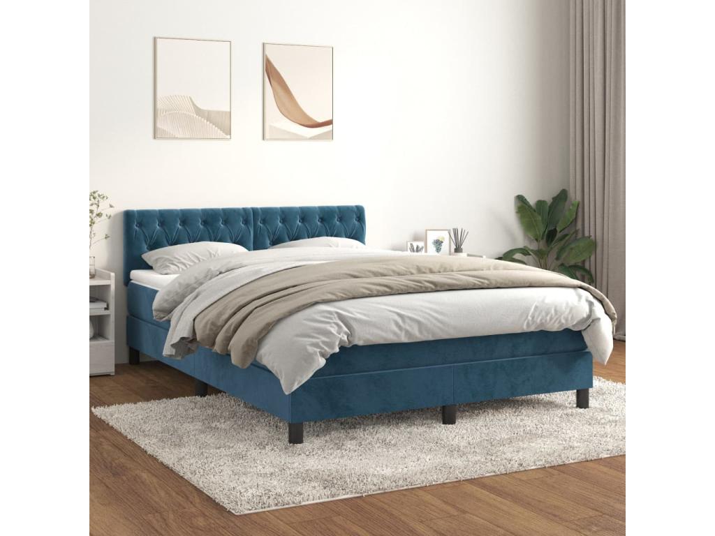Upholstered bed base and mattress, dark blue, 140x190cm, velvet, 26911BVDB