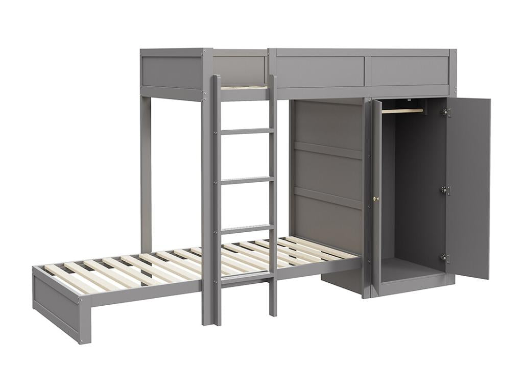 Children's bunk bed 90x200 cm with vertical safety steps, high fence design wardrobe, grey 65268FNOQ
