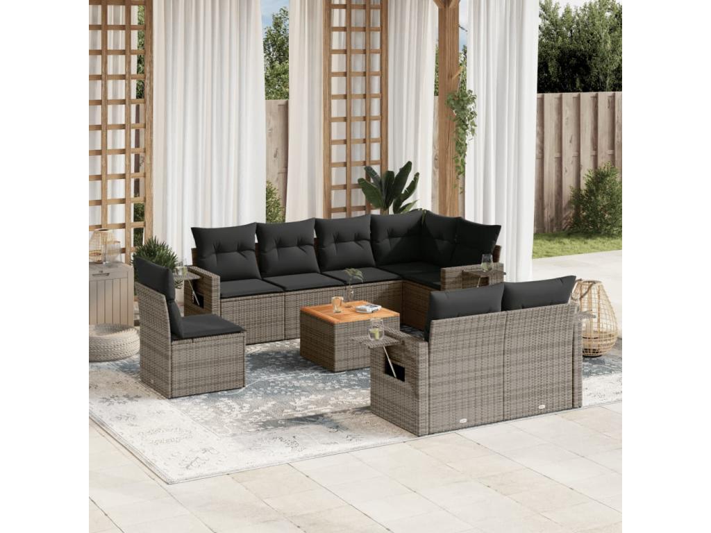 9-piece garden furniture set with grey resin wicker cushions 92650DBYJ