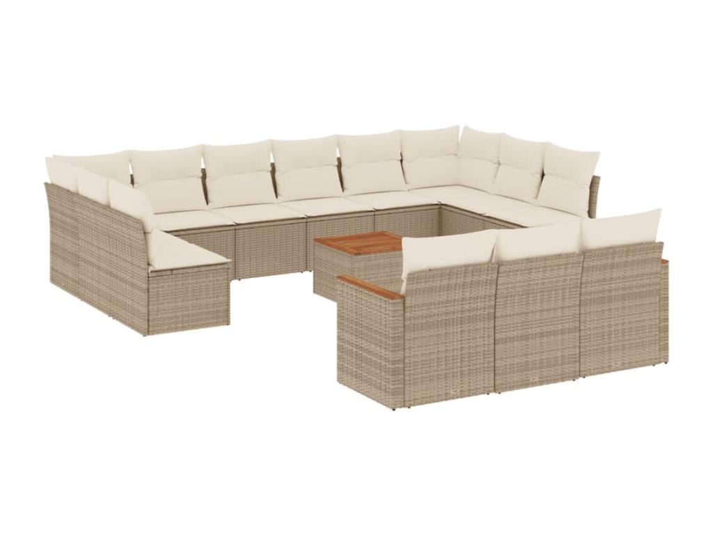 14-piece garden furniture set with cushions, beige wicker resin, 44960PDQM