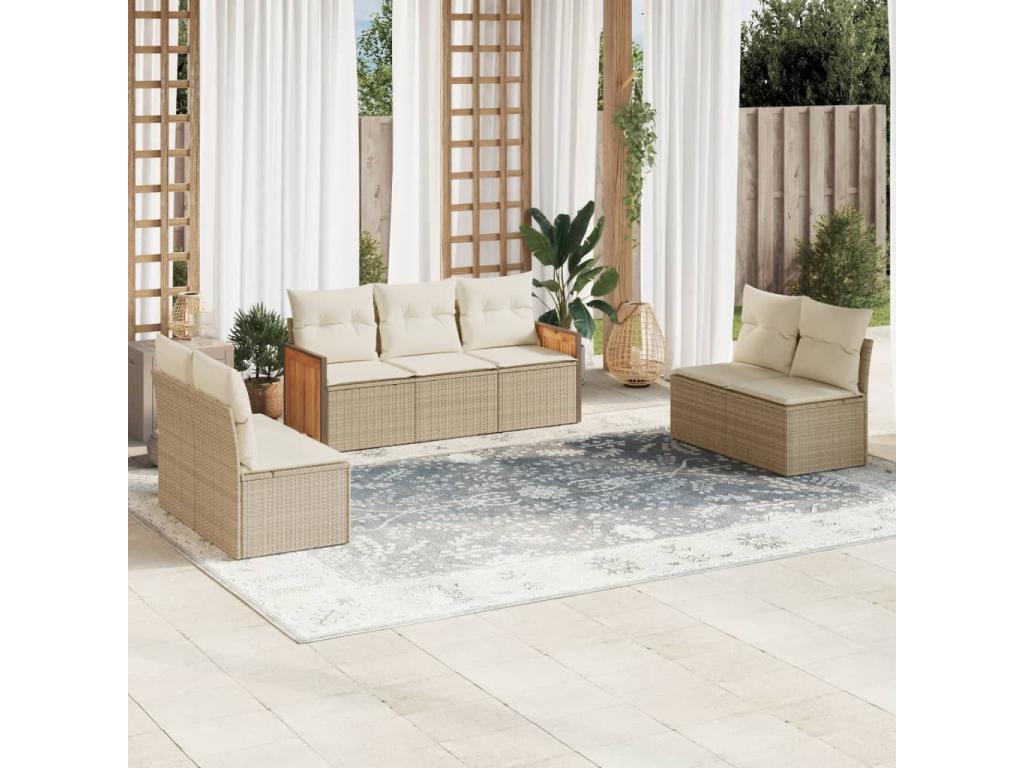 7-piece garden furniture set with cushions, beige woven resin, 50767JBRN