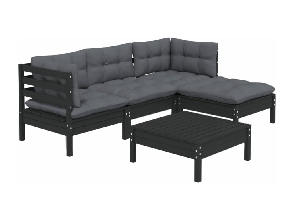 5-piece garden furniture set with cushions, black pine wood, 95514XWYT