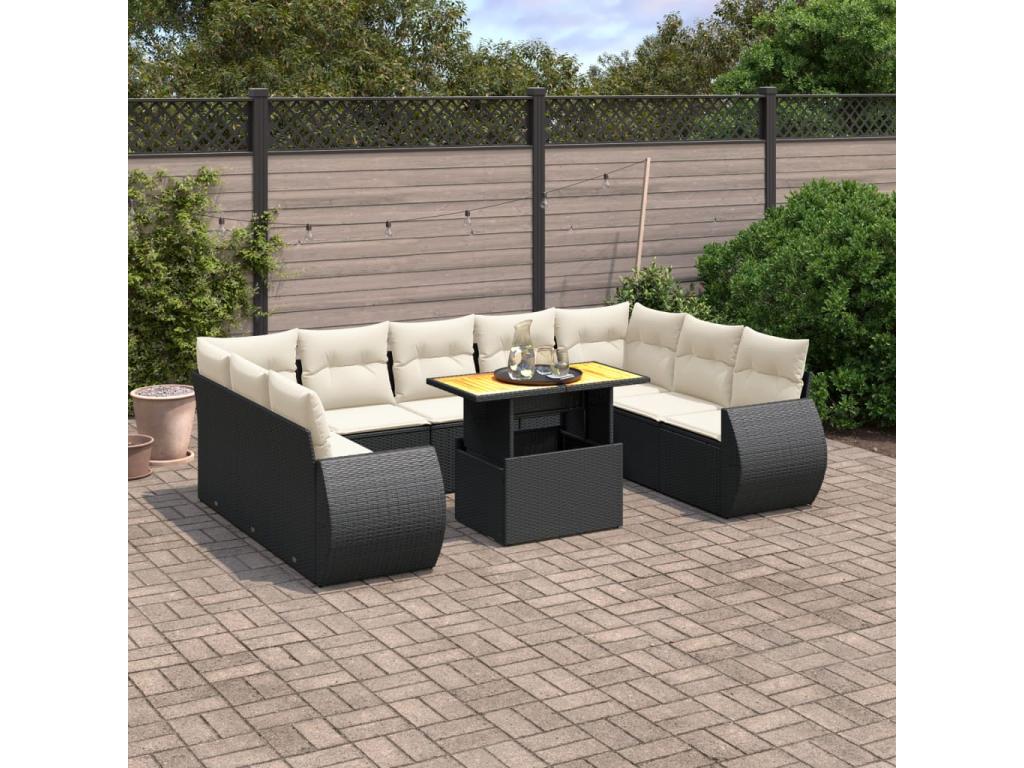 10-piece garden furniture set with cushions, black woven resin, 26254IGZP