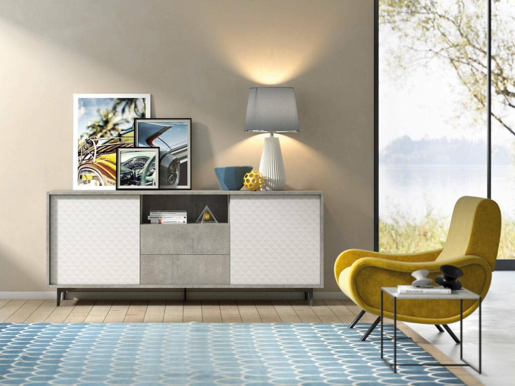 Calmetop Buffet with 2 Doors and 2 Drawers, Elegant Living Room Buffet, TV Stand, Made in Italy, 184x45x77 cm, White and Cement, 24476FGGX