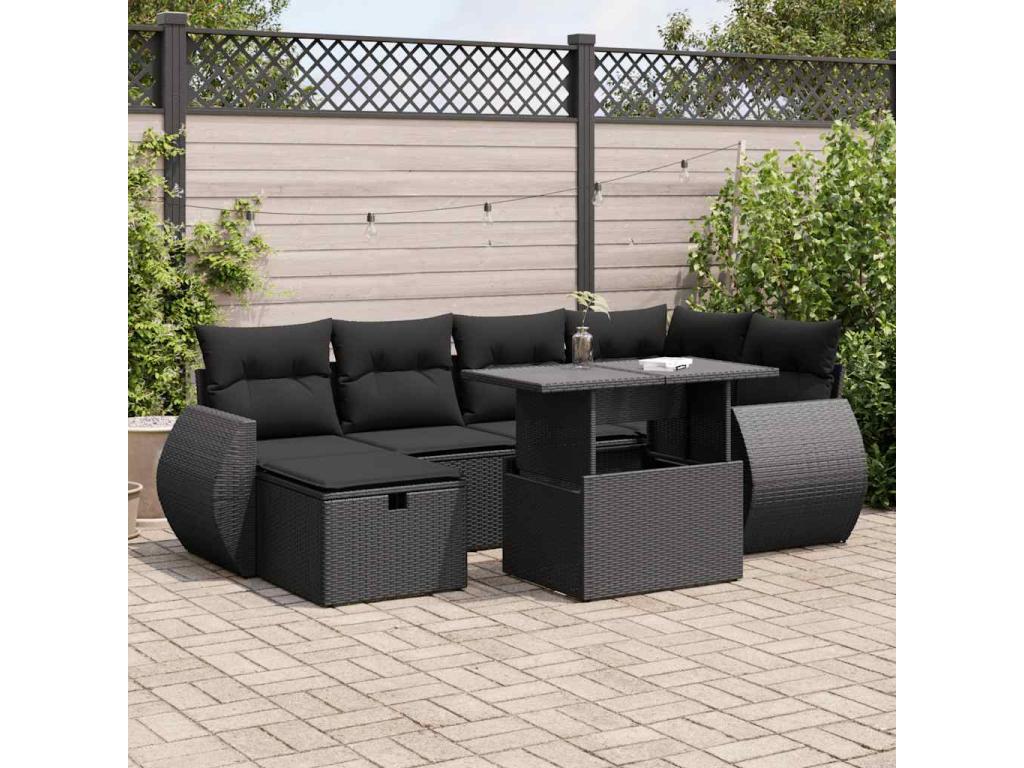 7-piece garden furniture set with cushions, black woven resin, 45257IRSL