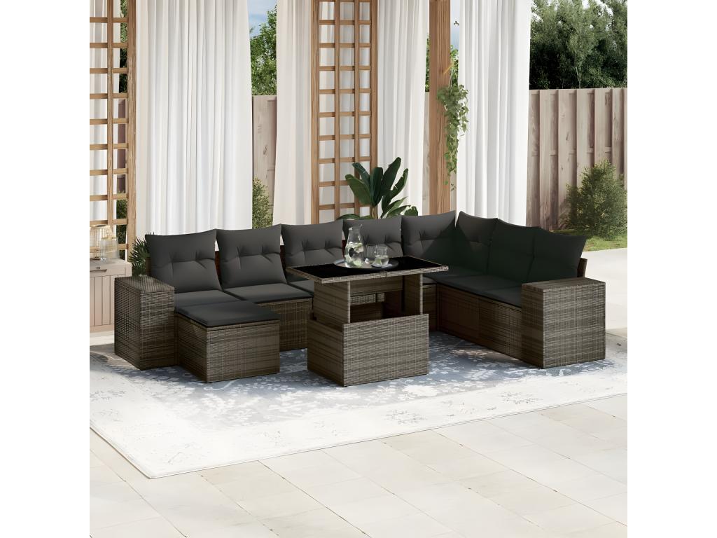 9-piece garden furniture set with grey resin wicker cushions 99641EJHZ