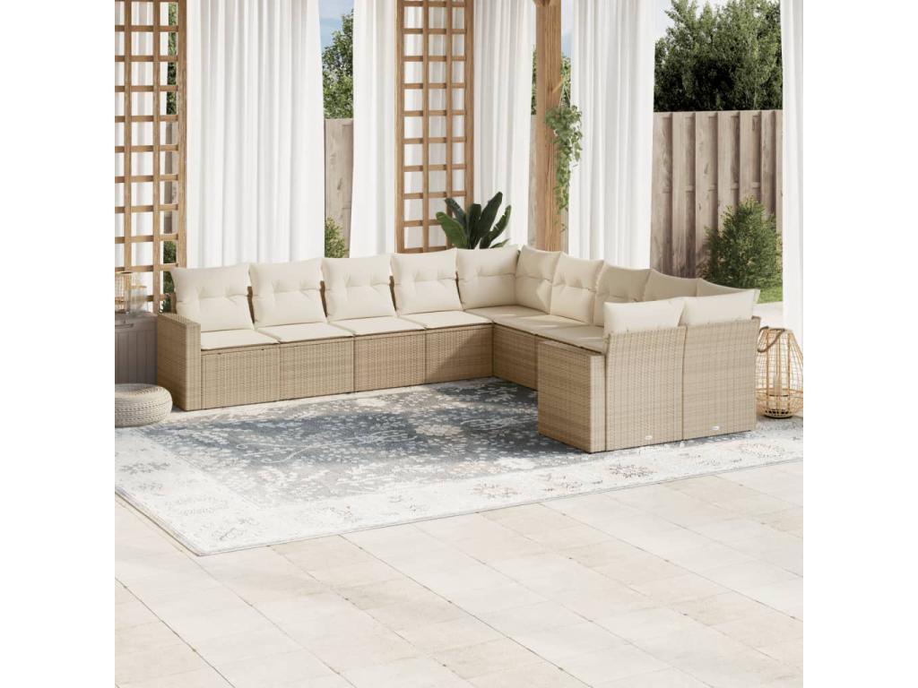 10-piece garden furniture set with cushions, beige woven resin, 87806SLBS