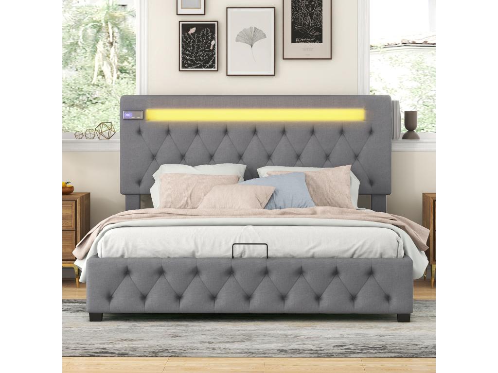 Upholstered Double Bed 140x200cm with USB Charging Port - Bluetooth Player and LED Lighting - Storage Space - Adjustable Headboard - Grey 25324SWQO