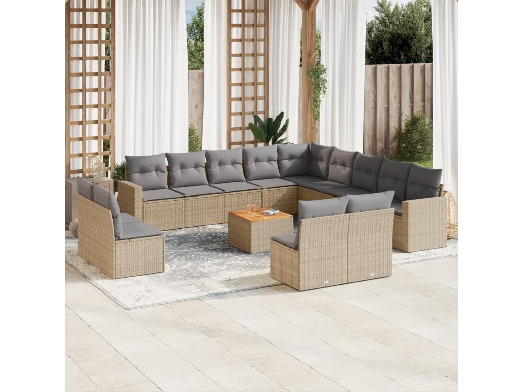 14-piece garden furniture set with cushions, beige wicker resin, 27178ZYDK