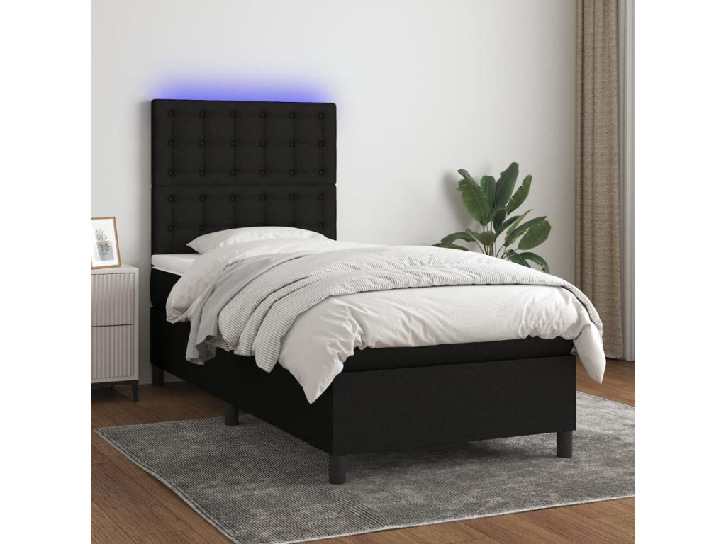 Upholstered bed base with mattress and LED lighting, black, 90x200 cm, fabric, 72648XERD