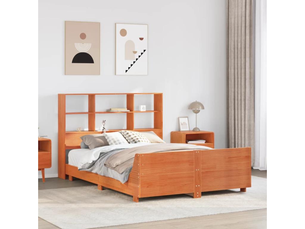 Bed frame without mattress, brown wax finish, 135x190cm, solid pine wood, 94681ZLKP