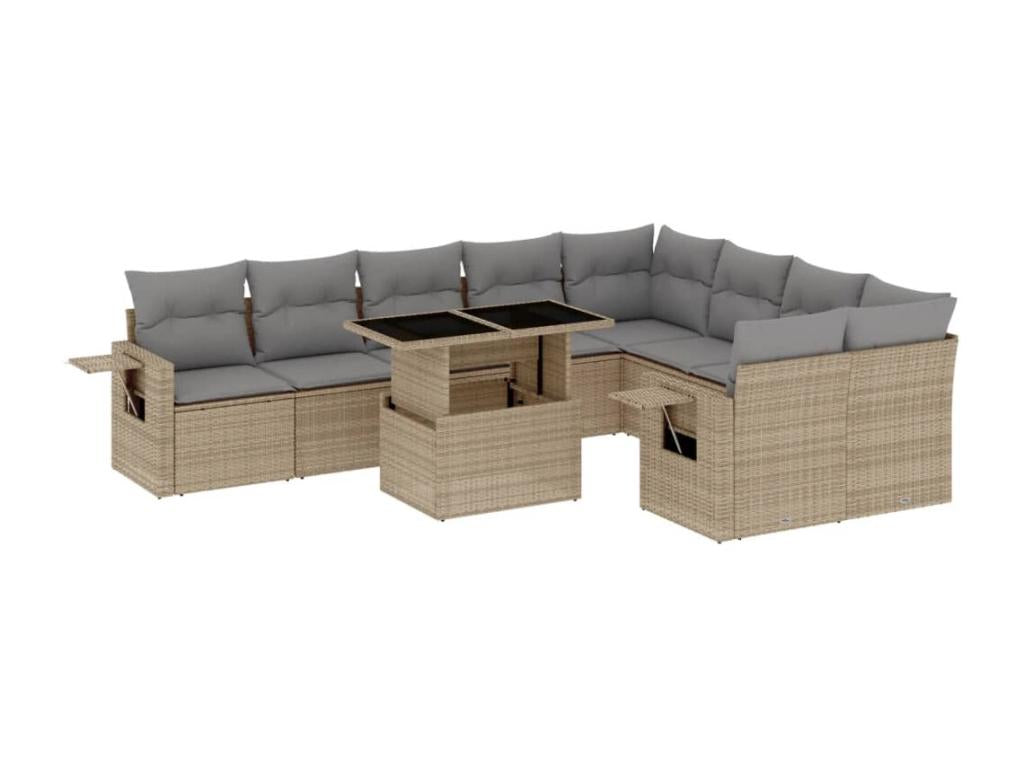 10-piece garden furniture set with cushions, beige woven resin, 92444YTZL