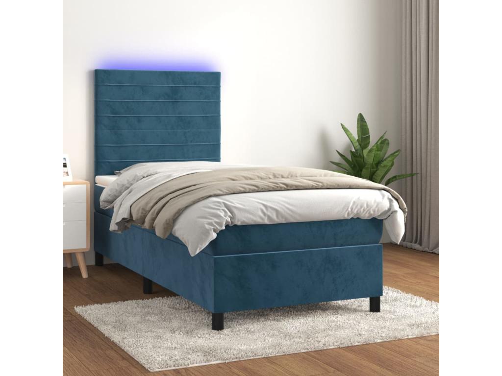 Upholstered bed base and mattress with LED lighting, dark blue, 90x200cm, velvet, 52088AIQF