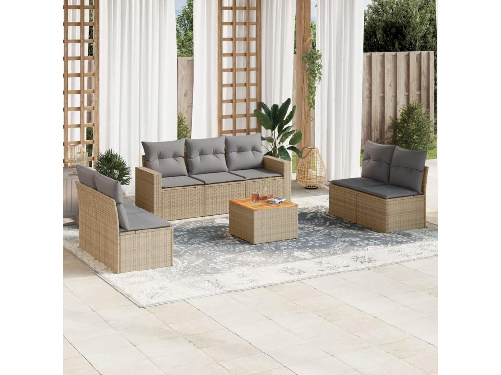 8-piece garden furniture set with cushions, beige woven resin, 27107GWSB